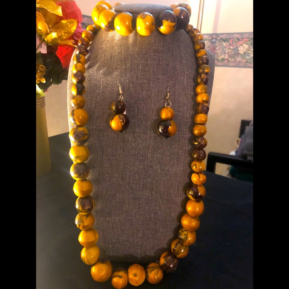 Golden Wooden Necklace, Bracelet, Earrings